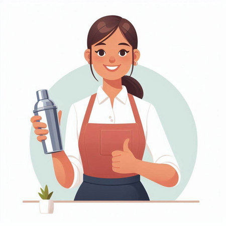 Young woman barista with shaker. Vector illustration in cartoon style.のイラスト素材