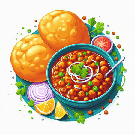 Illustration of a bowl of spicy chickpeas curry and ingredientsのイラスト素材
