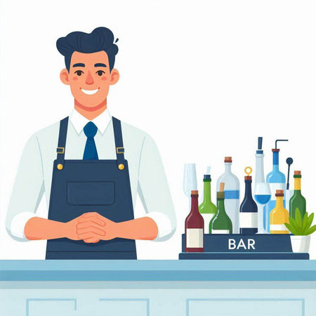 Handsome bartender standing at bar counter. Vector illustration in cartoon styleのイラスト素材