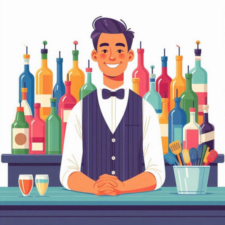 Bartender at bar counter. Man bartender in uniform and bow tie standing at bar counter with bottles of alcoholic drinks. Vector illustration in cartoon styleのイラスト素材