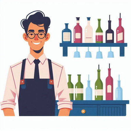 Barman standing at the counter with bottles of wine. Vector illustrationのイラスト素材