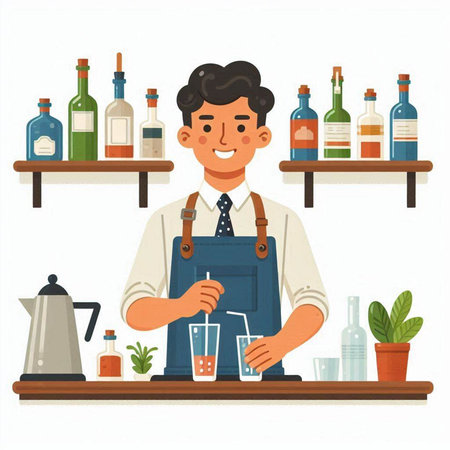 Barman standing at counter and making cocktail. Vector illustration in flat styleのイラスト素材