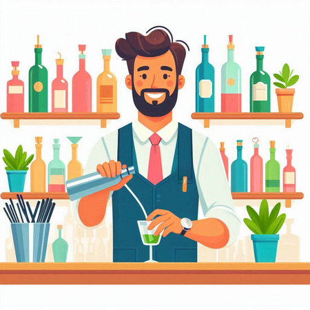 Handsome barman making cocktail. Vector illustration in cartoon styleのイラスト素材