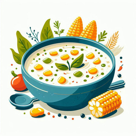 Illustration of a bowl of corn soup with ingredients on a white backgroundのイラスト素材