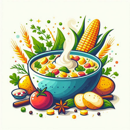 Illustration of a bowl of corn soup with vegetables, herbs and spicesのイラスト素材