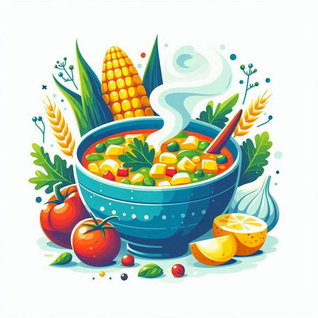 Vegetable soup in bowl with corn and tomatoes. Vector illustration.のイラスト素材