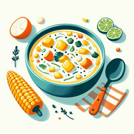 Creamy corn soup in a bowl with ingredients. Vector illustration.のイラスト素材