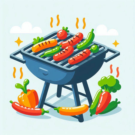 Barbecue grill with vegetables. Vector illustration in flat cartoon style.のイラスト素材