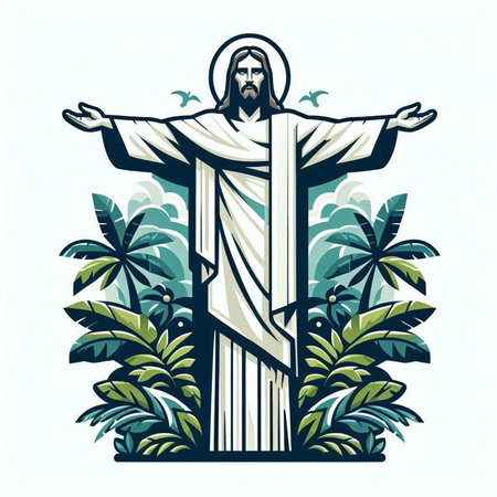 Jesus Christ with palm trees on the background. Vector illustration in retro style.のイラスト素材