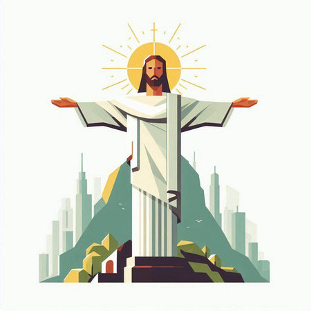 Jesus Christ on the cross in the city. Vector illustration in flat style.のイラスト素材