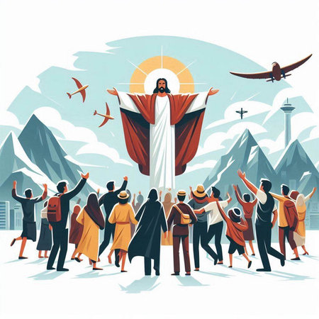 Jesus Christ with people on the background of mountains. Vector illustration.のイラスト素材