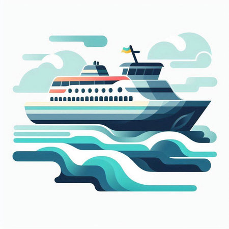 Cruise ship in the sea. Vector illustration in flat style.のイラスト素材