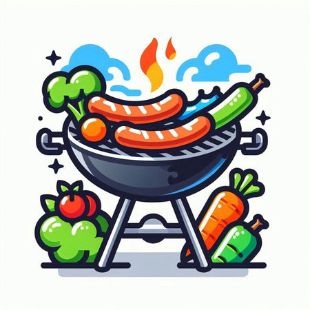 Barbecue grill with grilled sausages and vegetables. Vector illustration.のイラスト素材