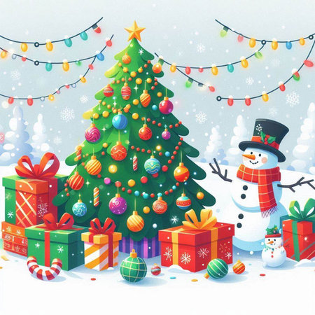 Christmas tree with snowman, gifts and decorations. Vector illustration.のイラスト素材