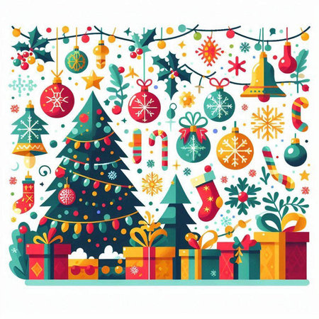Christmas background with Christmas tree, gift boxes and decorations. Vector illustrationのイラスト素材