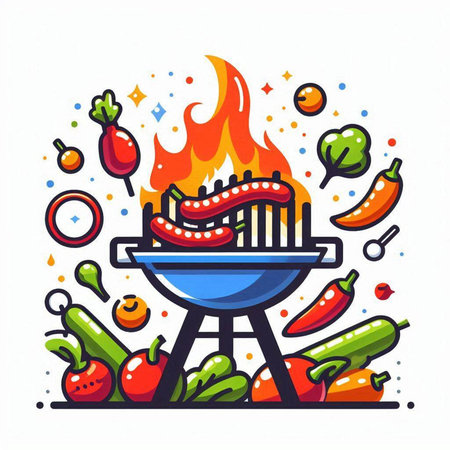 Barbecue grill with hot sausages and vegetables vector illustration.のイラスト素材