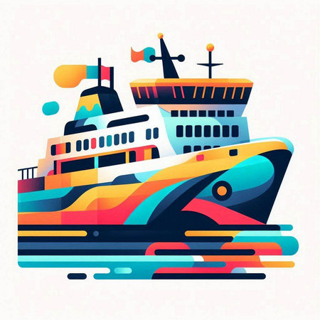 Vector illustration of a ship in the sea. Colorful flat design.のイラスト素材