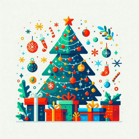 Christmas tree with presents and ornaments. Vector illustration in flat style.のイラスト素材