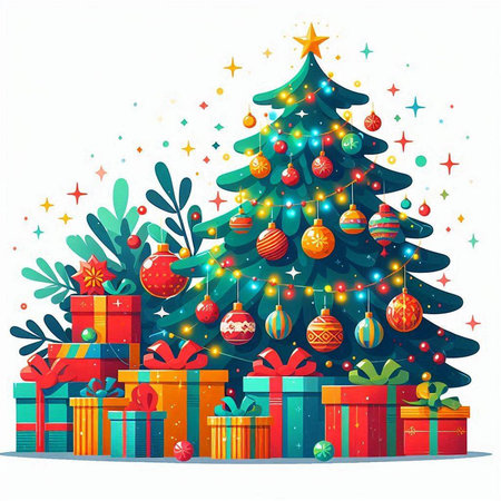 Christmas tree with gift boxes and ornaments. Vector illustration.のイラスト素材