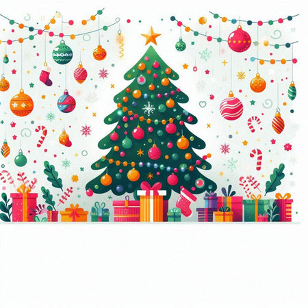 Christmas tree with presents and ornaments on white background. Vector illustration.のイラスト素材
