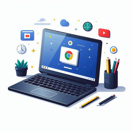Laptop computer with colorful application icons on screen. Vector illustration.のイラスト素材