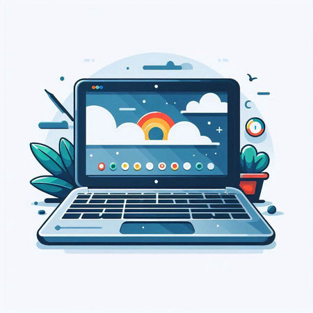 Laptop with a rainbow in the screen. Flat vector illustration.のイラスト素材