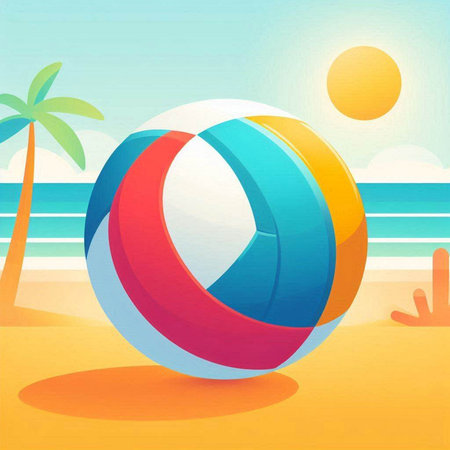 Illustration of a colorful beach ball on the seashore.のイラスト素材
