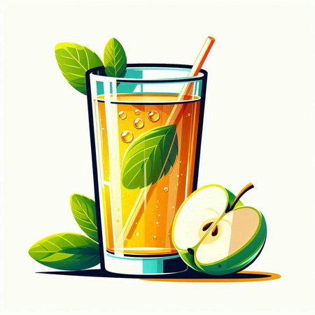 Glass of apple juice with fresh apples and leaves. Vector illustration.のイラスト素材