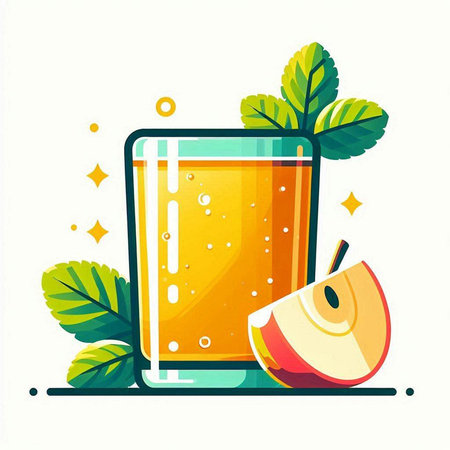Apple juice in a glass with apple slices and mint leaves. Vector illustration.のイラスト素材
