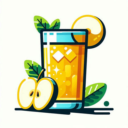 Orange juice in a glass with slices of apple. Vector illustration.のイラスト素材
