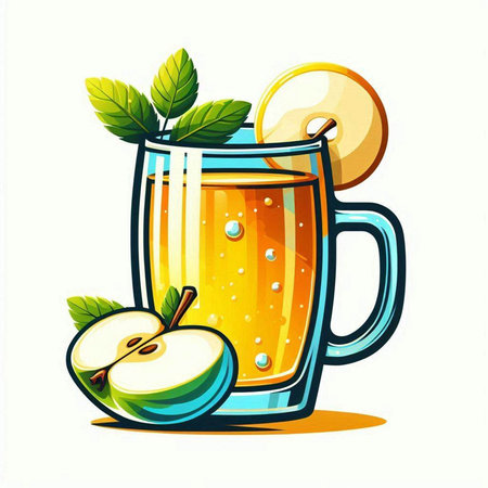 Illustration of a glass of apple juice with slices of apple and leavesのイラスト素材