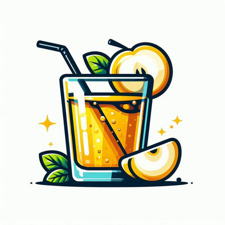 Cocktail with apple slices and mint leaves. Vector illustration.のイラスト素材