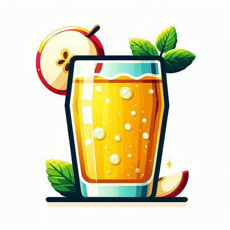 Glass of fresh apple juice with slices of apple and mint leaves. Vector illustration.のイラスト素材