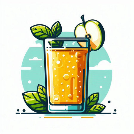Apple juice in a glass with apples and leaves. Vector illustration.のイラスト素材