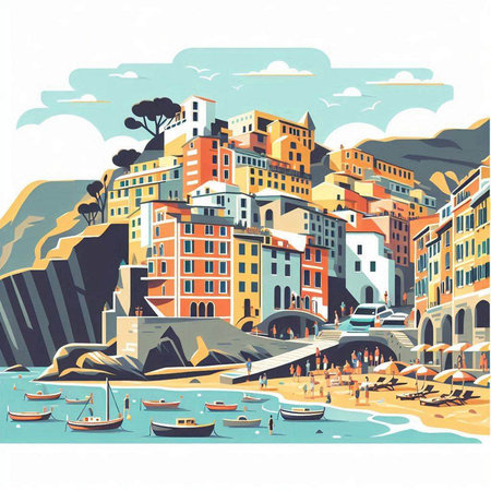 Cinque Terre, Italy. Colorful vector hand drawn illustrationのイラスト素材