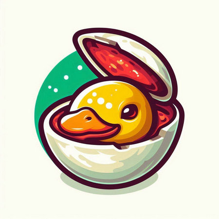 Illustration of a duck in an eggshell on a white backgroundのイラスト素材