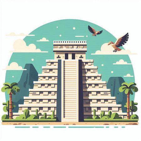 Ancient Mayan pyramid with birds. Vector illustration in flat style.のイラスト素材