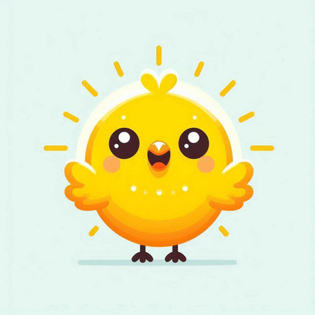 Cute yellow chicken with sun on blue background. Vector illustration.のイラスト素材
