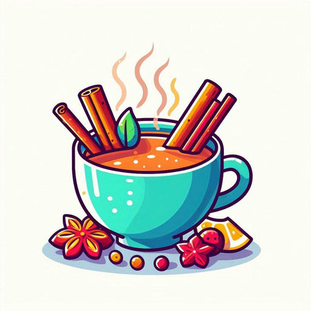 Cup of hot mulled wine with cinnamon and cloves. Vector illustration in cartoon style.のイラスト素材