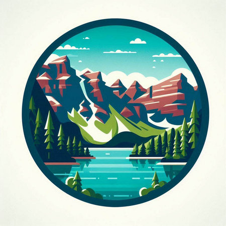 Mountain landscape round icon with lake and forest. Vector illustration.のイラスト素材
