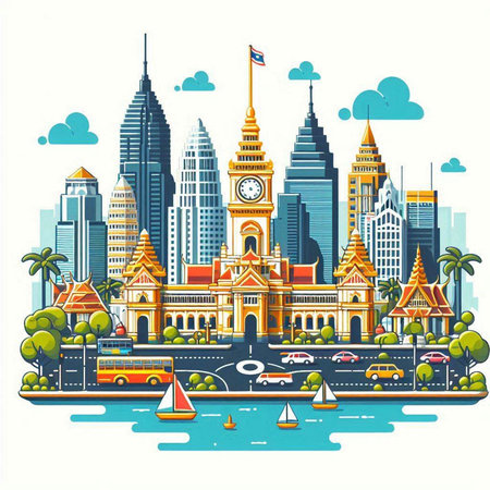 Vector illustration of Bangkok skyline with famous buildings and landmarks in flat style.のイラスト素材