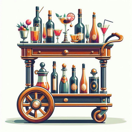Vintage bar counter with bottles and glasses of wine. Vector illustration.のイラスト素材
