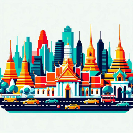 Vector illustration of Bangkok, Thailand. Travel and tourism concept. Design for banner, poster or print.のイラスト素材
