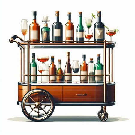 Trolley with bottles of wine on white background, vector illustration.のイラスト素材