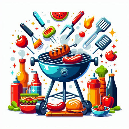 Barbecue grill with food and drinks. Vector illustration in cartoon styleのイラスト素材