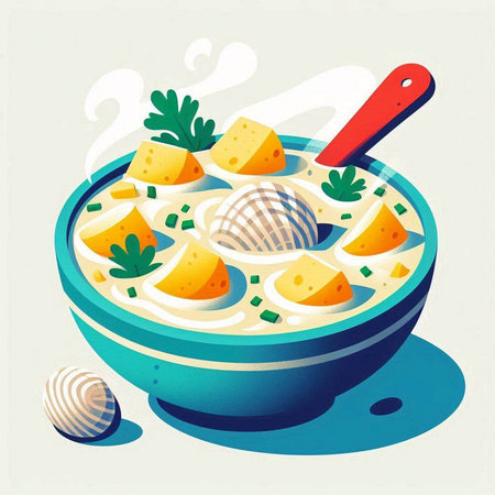 Illustration of a bowl of potato soup with sour cream and parsleyのイラスト素材