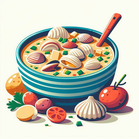 Vector illustration of a bowl of soup with vegetables, mushrooms and eggsのイラスト素材