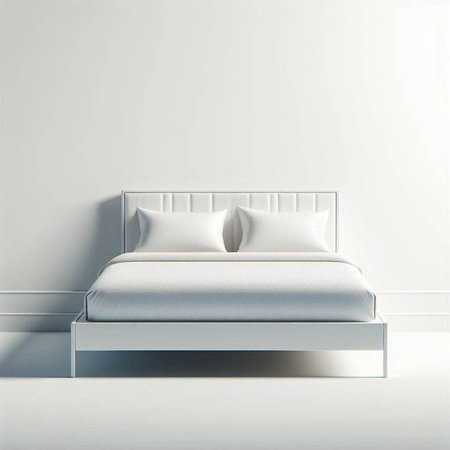 3d render of a white bed in a room with a white wallのイラスト素材