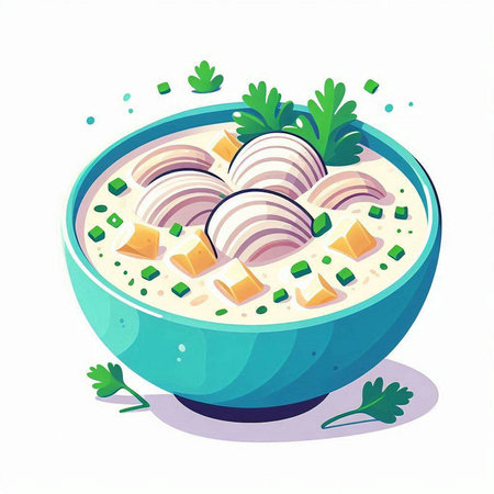 Creamy soup with meat and vegetables in a bowl. Vector illustration.のイラスト素材