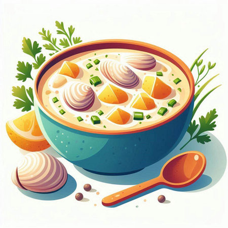 Illustration of a bowl of sour cream soup decorated with parsley and lemonのイラスト素材